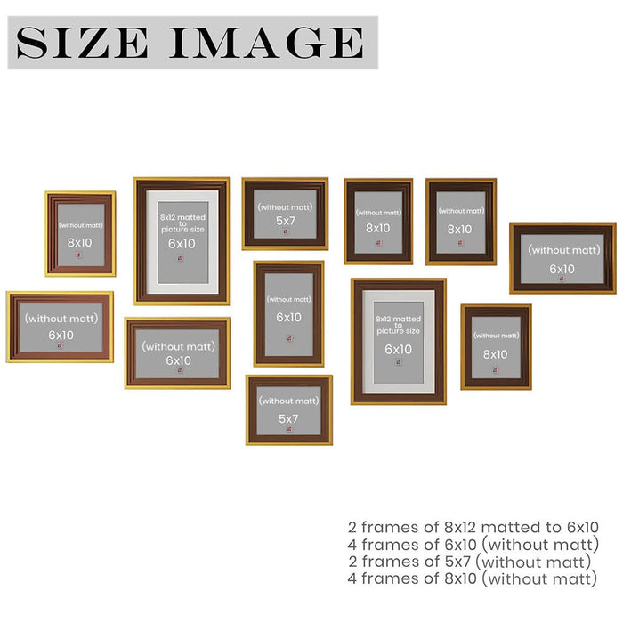 Art Street Set of 12 Savor Premium 3D Wooden Collage Photo Frame for Home Decoration (Brown-Gold, 8x12, 6x10, 5x7, 8x10 Inches)