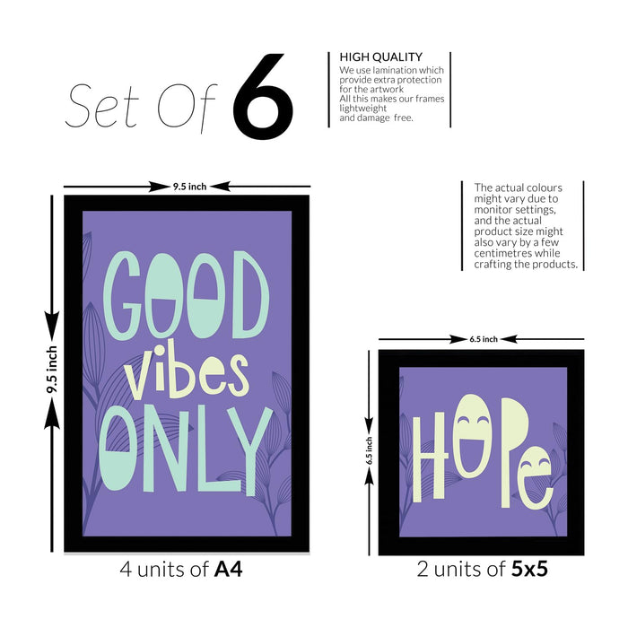 Art Street Motivational Quotes Live Love Life, Good Vibe Only Art Prints (Set Of 6, 5x5, (A4) 8x12 Inch)