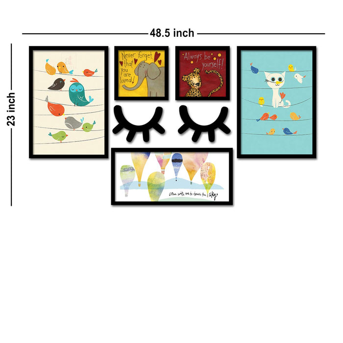 Art Street Set of 5 Framed Poster Art Print -Cats And Birds - Kids Room Art Print-Multicolored, Art Print for Living Room (2 Units A3, 2 Units 8.6 X 8.6, 1 Unit 18.5 X 8.6 Inchs) Black