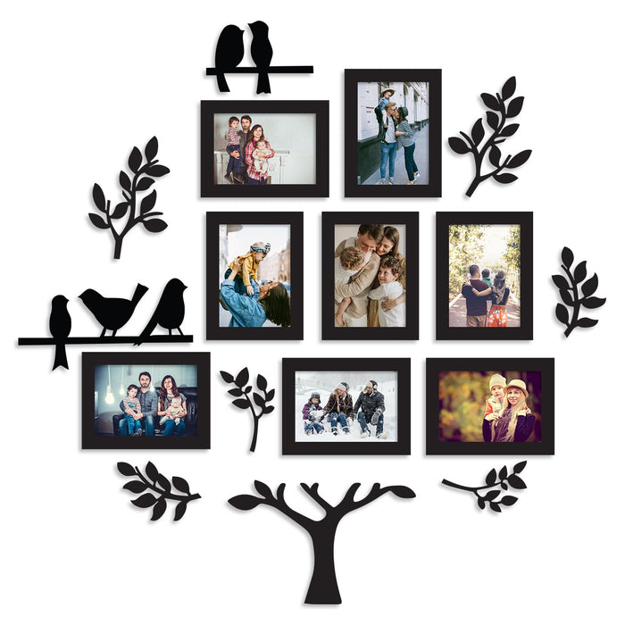 Art Street Family Tree MDF Photo Frame Wall Art - 6 Leaf, 1 Trunk and 5 Birds, Set of 8 (Size: 5x7 Inch)