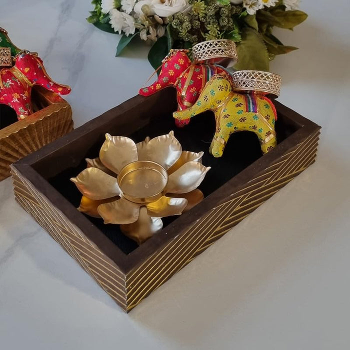 Art Street Diwali Gift Hamper Combo Set, Decorative Gifts Of Love Gift Box, Lotus Design Diya with Two Elephant Candle Holder, Diwali Festive Gifting, Shagun, Jewelry Box (Brown, 9x6x2.3 Inch)