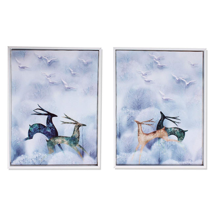 White & Blue Running Deer Framed Canvas Painting Set of 2 Wall Art Print -13x17 inch