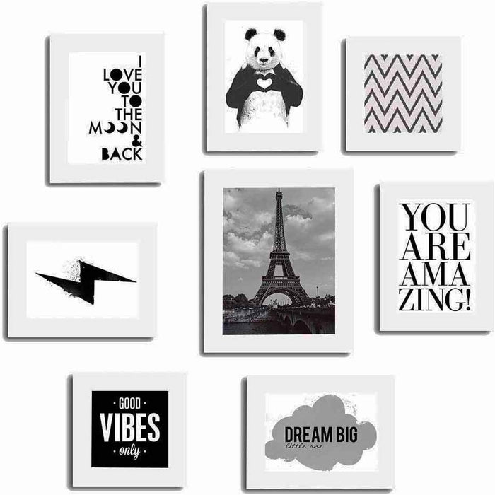 Set of 8 Quotes / Mix Quotes Framed Wall Posters-Theme Wall Quotes - You Are Amazing :: Good Vibes Only :: Dream Big :: Love :: Panda (White) # Wallessential