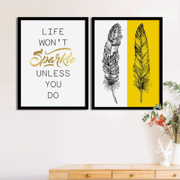 Yellow Sparkle Feather Matte Art Print, Painting for Home Décor Set of 2