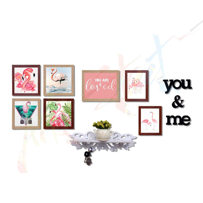 Art Street - You & Me Set Of 7 Individual Photo Frame Frames (Mix Size) With Mdf Plaque (You & me) + PVC wall shelf