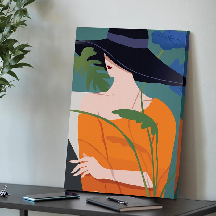 Art Street Stretched On Frame Canvas Painting Black Hat Lady Art (Size: 16x22 Inch)