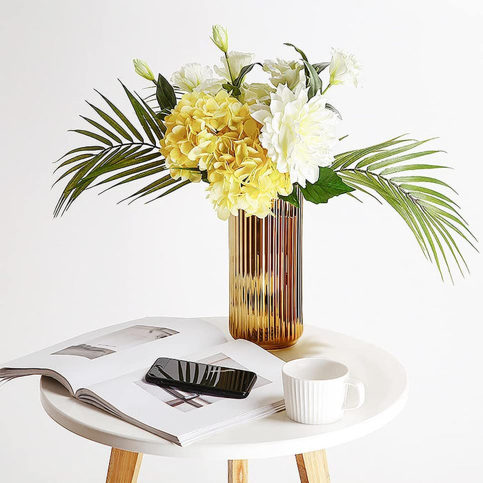 Decorative Ceramic Vase Gold Plating Vertical Fluted Ribbed Design, Flower Pot for Home, Office, Living Room, Bedroom Decoration.