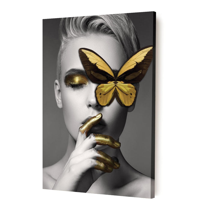 Art Street Stretched On Frame Canvas Painting Women with Gold Butterfly Art (Size: 16x22 Inch)