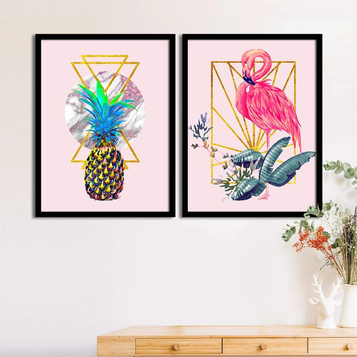 Pink Flamingo Pineapple Matte Art Print, Painting for Home Décor Set of 2