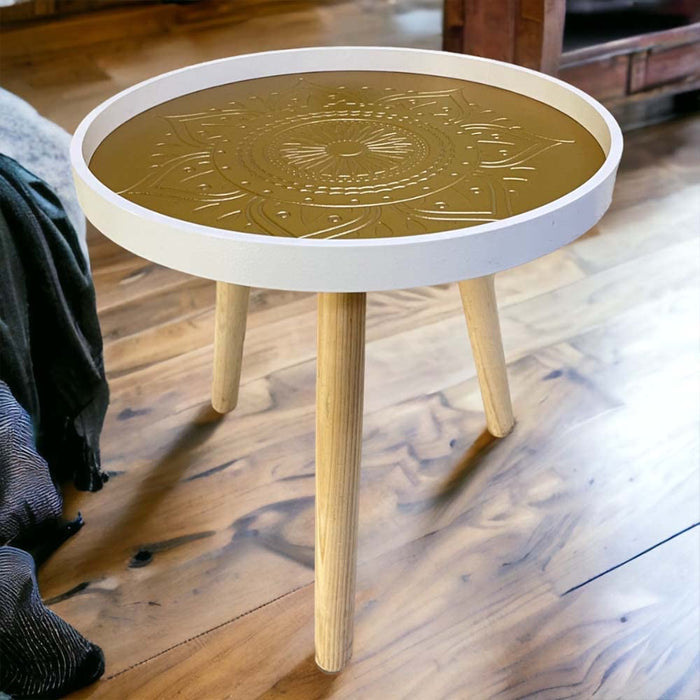 Round Stool Table Portable Wooden Stool, Antique Coffee Table, Table/Stool for Living Room-White Gold (Size: 15.8x14.7 Inch)