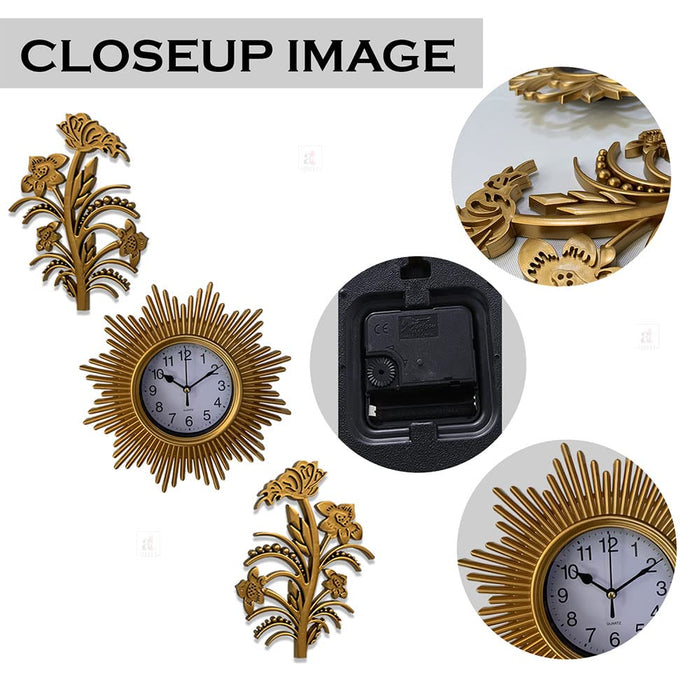 Art Street Decorative Sun Wall Clock with Leaf Set of 3, Plastic Fancy Hanging Clock with Wall Art for Décoration for Living Room, Bedroom, Home & Office Decor - (Gold, 25 X 25 Cm)