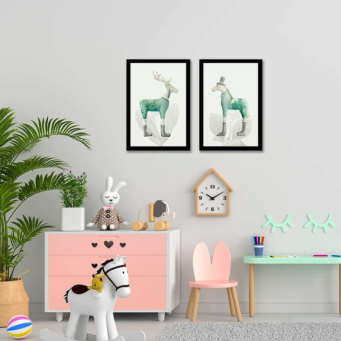 Art Street Animal Horse Deer Minimalist Framed Art Print For Kids Room Home, Office, Wall Hanging Decor & Living Room Decoration I Modern Luxury Decorative gifts (Set of 2, 9.4 x 12.9 Inches)