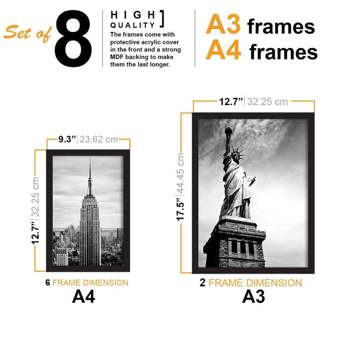 Art Street Set of 8 Travel Explore Discover Framed Painting for Room Decoration (Black Frame, 2 Units A3 & 6 Units A4)