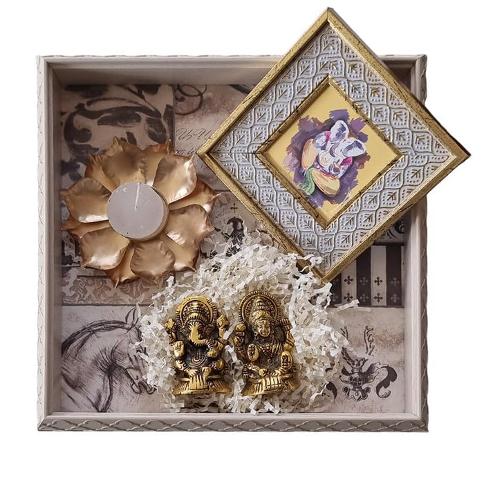 Art Street Diwali Gift Hamper Combo Set, Handmade Decorative & Serving Tray, Table Photo Frame, Traditional Laxmi & Ganesh Statue with Lotus Design Diya for Pooja Decor (White, 11x11 Inch Tray)