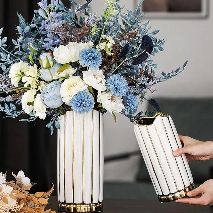 Decorative Ceramic Vase Nordic White Outline in Gold, Modern Flower Pot for Home, Office, Living Room, Bedroom Decoration.