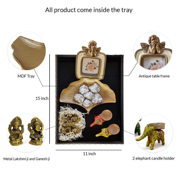Art Street Diwali Gift Hamper Combo Set, Handmade Decorative & Serving Trays, Table Photo Frame, Traditional Laxmi & Ganesh Statue with Two Elephant Candle Holder for Pooja Decor (Black, 15x11 Inch)
