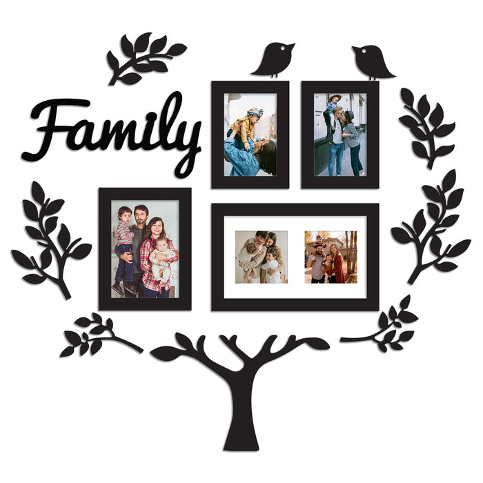 Art Street Family Tree MDF Photo Frame Wall Art - 6 Leaf,1 Trunk, 1 Family and 2 Birds, Set of 4 (Size: 4x6, 5x7, 6x10 Inch)