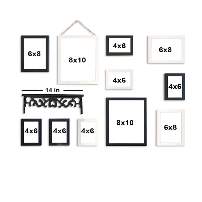 11 Individual Black & White Wall Photo Frames Wall Hanging With Wall Shelf ( 4" x 6", 6" x 8", 8" x 10")