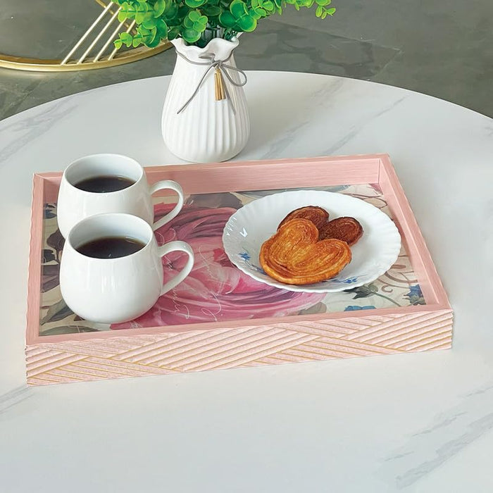 Art Street Wooden Serving Tray for Serving for Decoration-Tea Trays, Table Decoration, Coffee Table, Food, Ottoman, Restaurant (Gold-Pink, Single