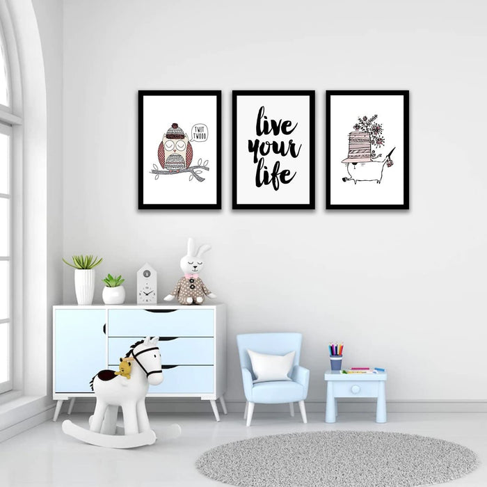 ‎Art Street Live Your Life Owl Framed Art Print For Kids Room Décor Home, Office, Wall Hanging Decor & Living Room Decoration I Modern Luxury Decorative gifts (Set of 3, 9.4 x 12.9 Inches)
