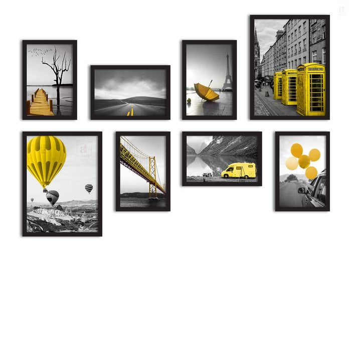 Art Street Set of 8 Framed Painting of Travel Theme for Living Room Decoration (Black Frame, 2 Units A3 and 6 Units A4)