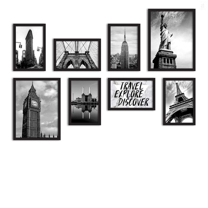 Art Street Set of 8 Travel Explore Discover Framed Painting for Room Decoration (Black Frame, 2 Units A3 & 6 Units A4)