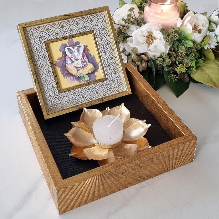 Art Street Diwali Gift Hamper Combo Set, Decorative Gifts Of Love Gift Box, Lotus Design Diya with Table Photo Frame, Diwali Festive Gifting, Cash Box, Shagun, Jewelry Box (Gold, 7.5x7.5x2.3 Inch)