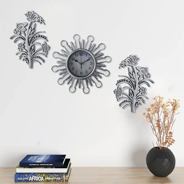 Art Street Decorative Flower Silver Wall Clock with Leaf Set of 3 Plastic Hanging Clock with Wall Art for Décoration for Living Room, Bedroom, Home & Office Décor - (25 X 25 Cm)