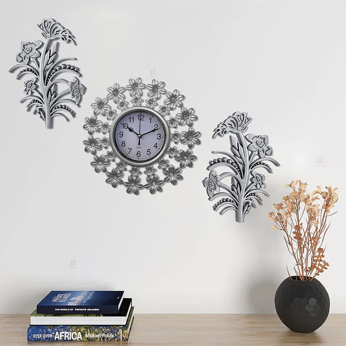 Art Street Decorative Flower Wall Clock with Leaf Set of 3 Plastic Hanging Clock with Wall Art for Décoration for Living Room, Bedroom, Home & Office Décor - (Silver, 25 X 25 Cm)