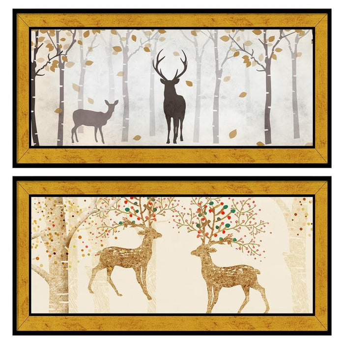 Art Street Auspicious Dear in the Wood Poster Framed Art Print For Living Room, Decorative Home & Wall Decor - Set Of 2 (Golden, 8x18 Inch)