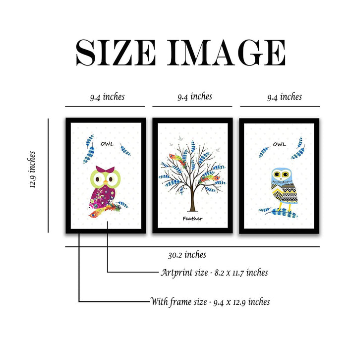 Art Street Joy Tree Owl Framed Art Print for Home, Kids Room, Wall Hanging Decor & Living Room Decoration I Modern Luxury Decorative gifts (Set of 3, 9.4 x 12.9 Inches)