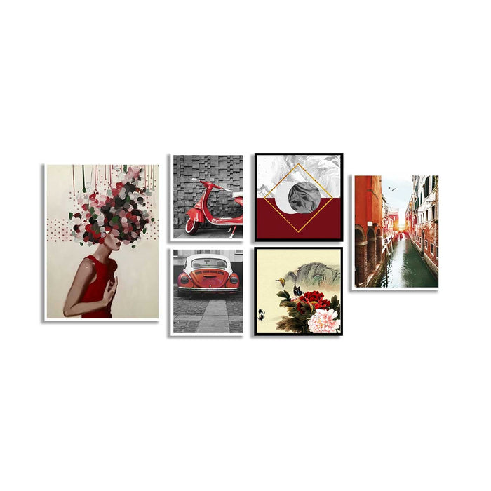 Art Street Set of 6 Cranberry Red Flower Girls Painting for Living Room Decoration Black & White Framed Canvas Print for Home Décor (25 x 53 Inchs)