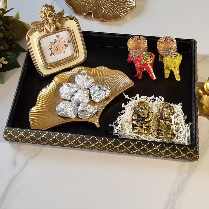 Art Street Diwali Gift Hamper Combo Set, Handmade Decorative & Serving Trays, Table Photo Frame, Traditional Laxmi & Ganesh Statue with Two Elephant Candle Holder for Pooja Decor (Black, 15x11 Inch)