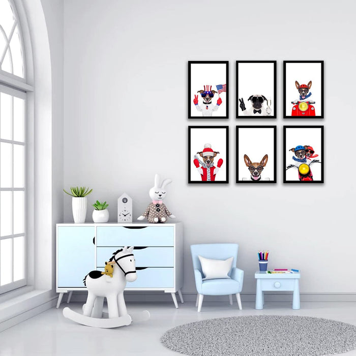 ‎Art Street Rocking Dogs Framed Art Print for Home, Kids Room, Wall Hanging Decor & Living Room Decoration I Modern Luxury Decorative gifts (Set of 6, 9.4 x 12.9 Inches)