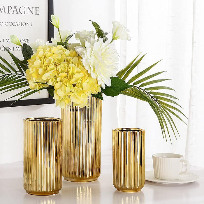 Decorative Ceramic Vase Gold Plating Vertical Fluted Ribbed Design, Flower Pot for Home, Office, Living Room, Bedroom Decoration.