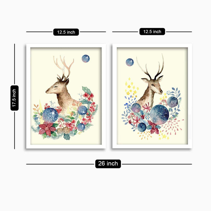 ‎Art Street Set of 2 Deer Art Print Painting Deer White Framed Art Prints Poster for Home Décor and Wall Decoration (Size - 17.5 x 26 Inch)