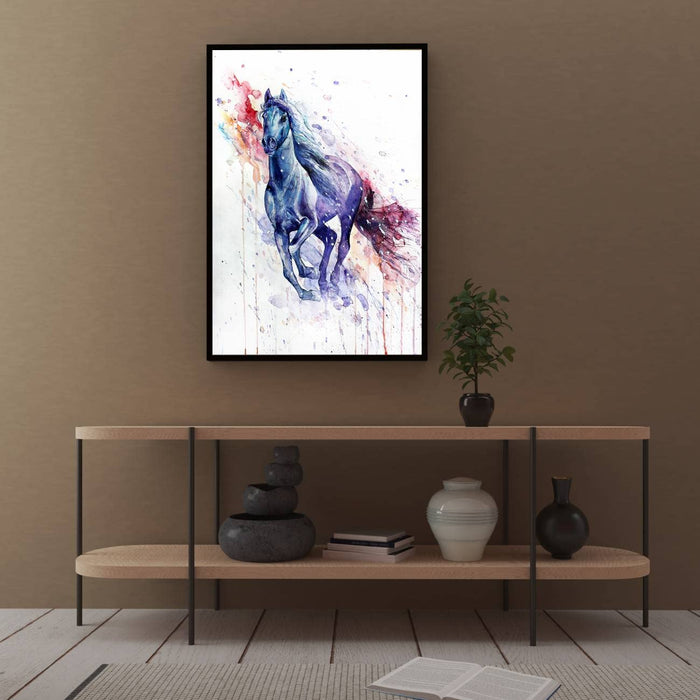 Art Street Canvas Painting Watercolor Running Horse Decorative Luxury Paintings with Frame for Home and Office Décor (Blue, 22 X 34 Inches)