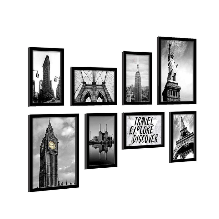 Art Street Set of 8 Travel Explore Discover Framed Painting for Room Decoration (Black Frame, 2 Units A3 & 6 Units A4)