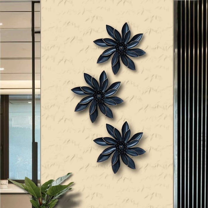 Flower Shape Decorative Plastic Plate Wall Décor, Wall Hanging Carved Decal for Home Décor, Living Room & Bedroom (Blue, Set of 3, 10 x 10 Inches)