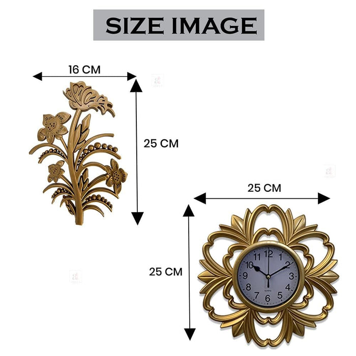 Art Street Decorative Antique Wall Clock with Leaf Set of 3 Plastic Fancy Hanging Clock with Wall Art for Décoration for Living Room, Bedroom, Home & Office Decor - (Gold, 25 X 25 Cm)