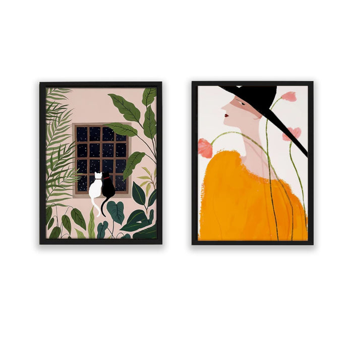 Art Street Girl with Hat Green Leaf Framed Art Print for Home, Kids Room, Wall Hanging Decor & Living Room Decoration I Modern Luxury Decorative gifts (Set of 2, 12.9 x 17.7 Inches)