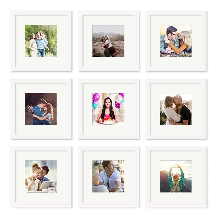 Square Photo Frames Set of 9 White Wall Photo Frames for Living Room Decoration. Size 8x8 inch