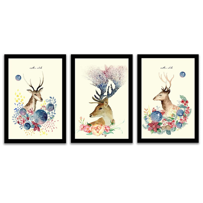 Art Street Floral Deer Framed Art Print for Home, Kids Room, Wall Hanging Decor & Living Room Decoration I Modern Luxury Decorative gifts (Set of 3, 9.4 x 12.9 Inches)