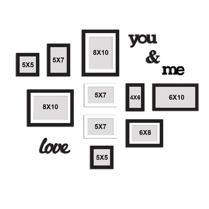 10 Black & White Wall Photo Frames With MDF Plaque You & Me And Love (Sizes 4" x 6", 5" x 7", 5" x 5", 6" x 8", 6" x 10", 8" x 10" )