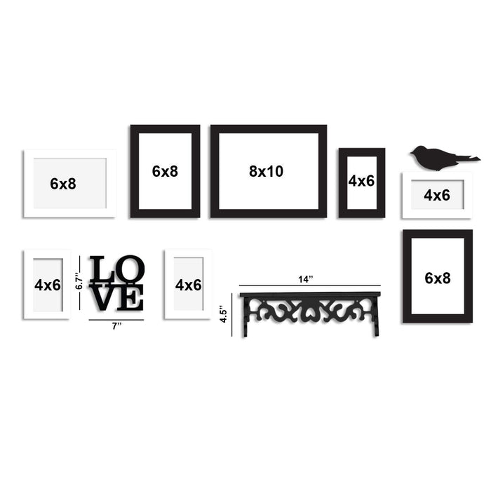8 Black & White Wall Photo Frames With MDF Plaque 1 Bird, 1 love And 1 Shelf (Sizes 4x6, 6x8, 8x10 )