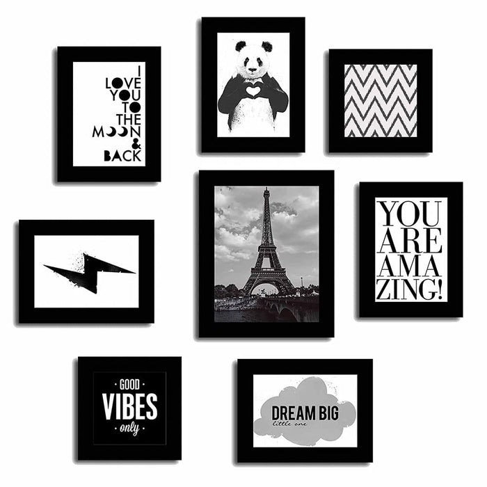 Set of 8 Theme Wall Quotes Photo Frames (Themes - You are Amazing :: Good Vibes Only :: Dream Big :: Love :: Panda, Color - Black)