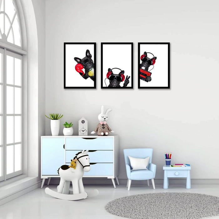 ‎Art Street Rocking Black Dog Framed Art Print for Home, Kids Room, Wall Hanging Decor & Living Room Decoration I Modern Luxury Decorative gifts (Set of 3, 9.4 x 12.9 Inches)