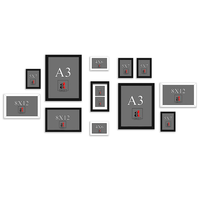 Art Street Collage Wall Photo Frames For Home Decoration - Set Of 12 (4x6-2 Pcs, 5x7-4 Pcs, 6x10-1 Pcs, 8x12-3 Pcs, A3-2 Pcs), Black & White
