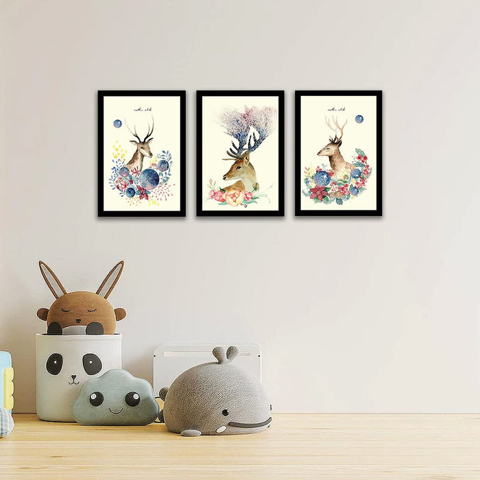 Art Street Floral Deer Framed Art Print for Home, Kids Room, Wall Hanging Decor & Living Room Decoration I Modern Luxury Decorative gifts (Set of 3, 9.4 x 12.9 Inches)