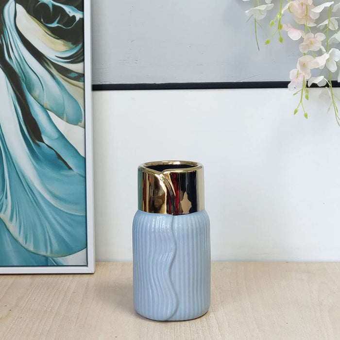 Decorative Ceramic Flower Vase Ribbed Design Golden Head Modern Vases Flower Pot for Home ( Size: 9.5x18 Inch)